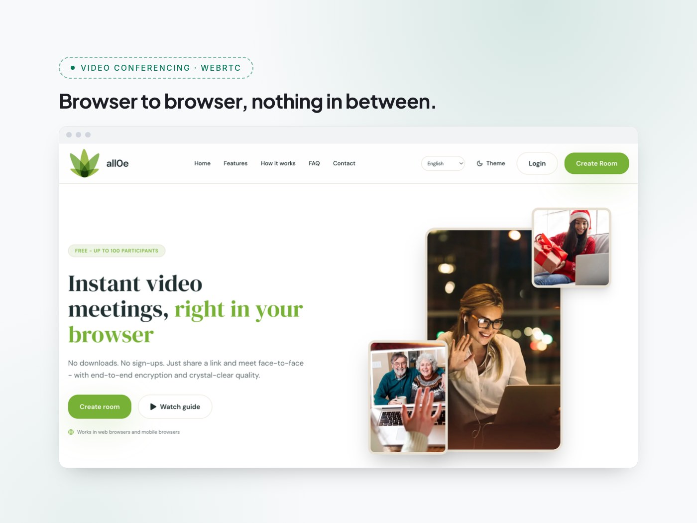 All0e, presented as a project card headed "Browser to browser, nothing in between." — instant video meetings in the browser, free for up to 100 participants, no downloads and no sign-ups