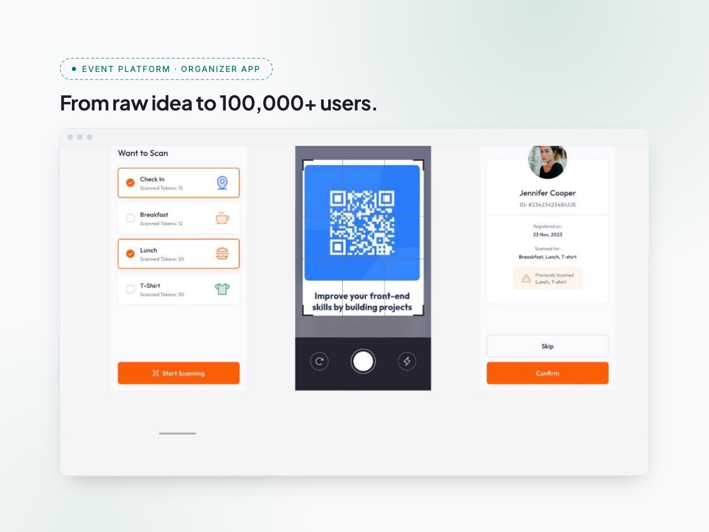 Eventspark, presented as a project card headed "From raw idea to 100,000+ users." — the organizer app below shows a scan list of Check In, Breakfast, Lunch and T-shirt with per-token counts, a QR scanner mid-scan, and the attendee record it resolves to with a Confirm action