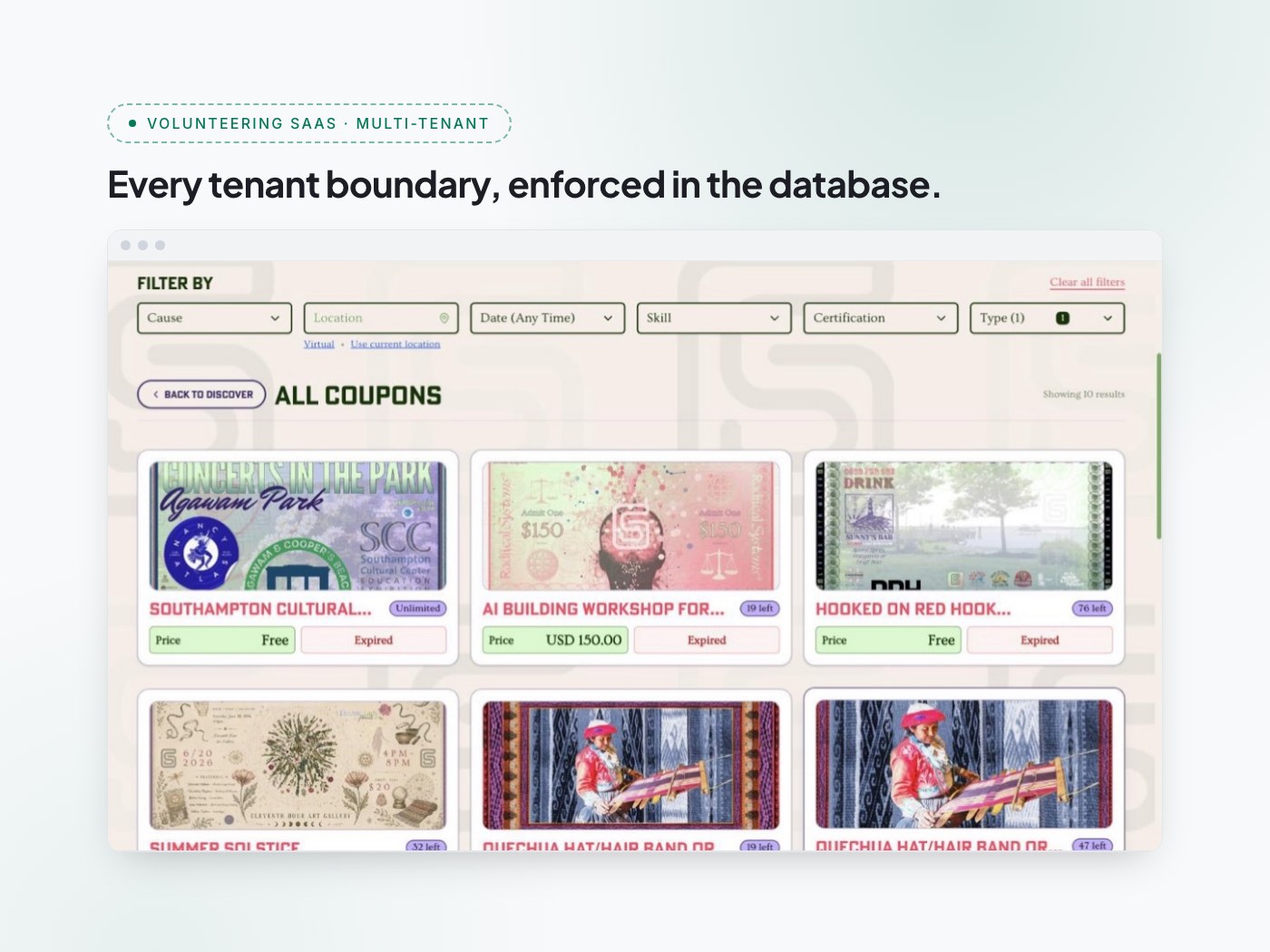 GoodStanding, presented as a project card — the coupon marketplace below shows filters across cause, location, date, skill and type, above a grid of brand-issued coupons each with its price and remaining count