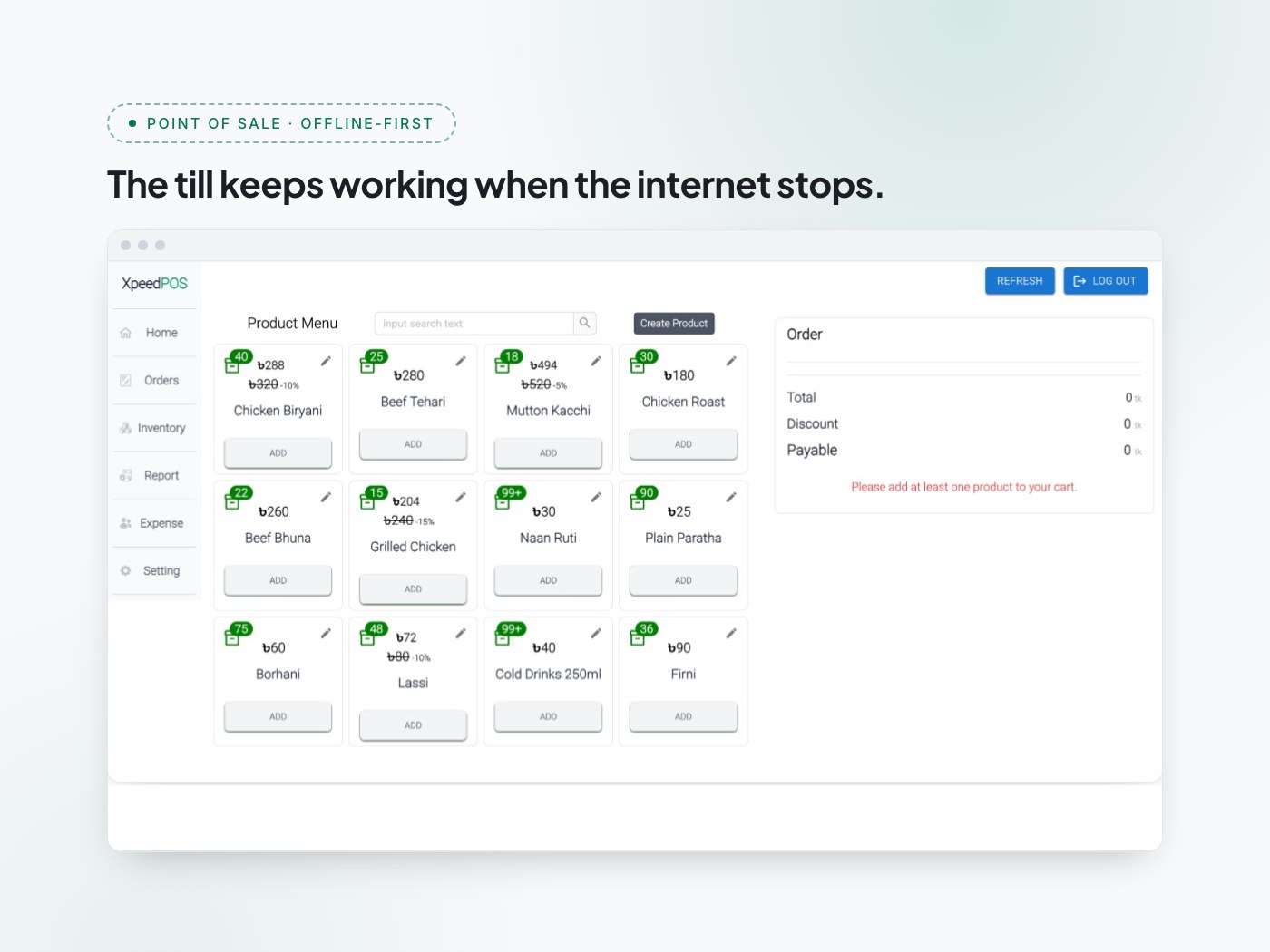 Xpeed POS, presented as a project card headed "The till keeps working when the internet stops." — the till below shows a product menu with per-item stock badges and discounted prices, beside a live order total