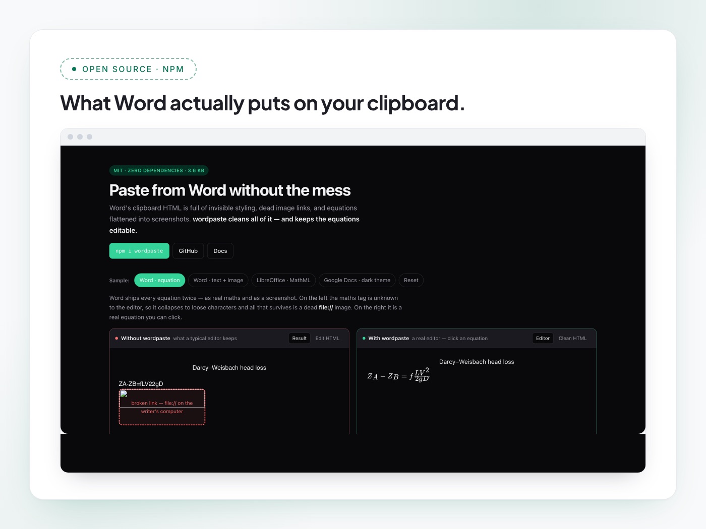 wordpaste, presented as a project card headed "What Word actually puts on your clipboard." — the playground below contrasts a Word equation pasted without wordpaste, collapsed to loose characters beside a broken file:// image, against the same paste with wordpaste, rendered as a real editable equation